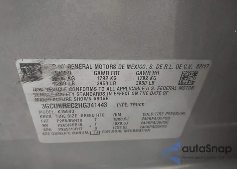 2017 Chevrolet Silverado 1500 2Lt z USA, uszkodzony, nr VIN 3GCUKREC2HG341443